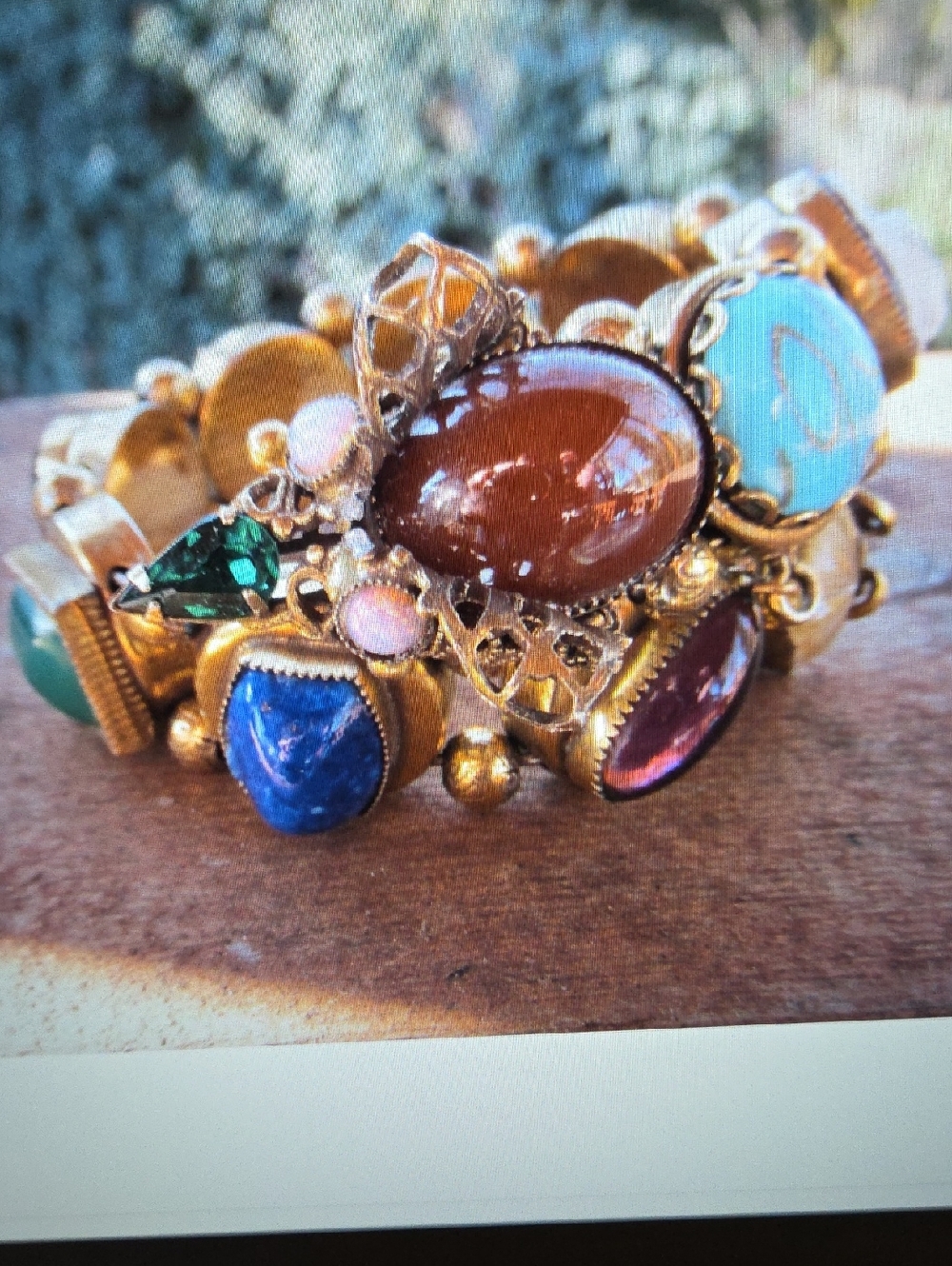 Victorian Revival 1940s Jewel Tone Glass Cabochon Wrap Snake Motif Bracelet